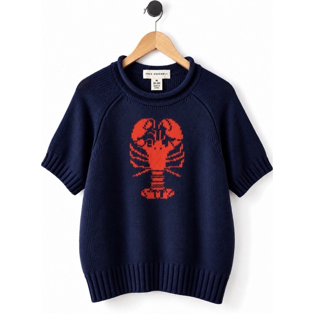 Free Assembly Women Med (8-10) Navy Orange Lobster Knitted Cotton S/S Sweater